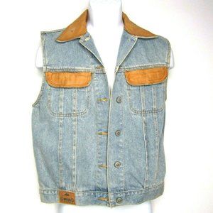 Vintage PS Gitano Women's Vest Jean Denim Trucker Blue Faux Leather Trim Sz Med